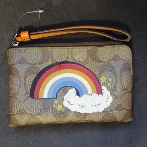 Coach Brown Wristlet with Rainbow Design rare NWOT